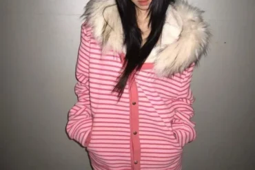 Harajuku pink striped design fur collar kawaii zip up hoodies for women fashion aesthetic y2k winter new casual baggy sweatshirt