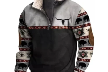 Mens Cowboy Sweatshirt Vintage Print Western Aztec Sweatshirt Casual Long Sleeve 1/4 Zip Fleece Pullover Menswear Hoodie Sweater