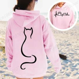 Women Casual Hoodies Women Cute Cat Heatbeat Print Sweatshirts Harajuku Hip Hop Streetwear Casual Fashion Fleece Hoodies Pink