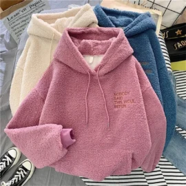 Autumn Winter Fashion Hooded Sweatshirt Women Korean Loose Solid Letter Tops Long Sleeve Warm Outfit Hoodie Lady Casual Street
