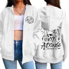 Funny Skeleton Zip Up Hoodies I Don't Need Your Attitude Sarcastic Quote Women Fleece Hoodies Sassy Fashion Zipper Hoodies Coats