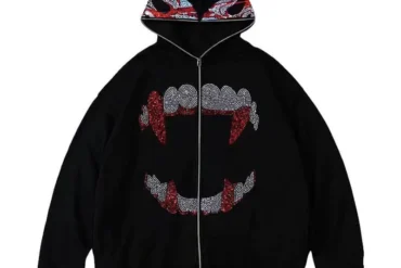 Autumn Fashion Punk Y2k Gothic Grunge Rhinestones Teeth Zip Up Hoodies Long Sleeve Coat Sweatshirt Jacket Streetwear