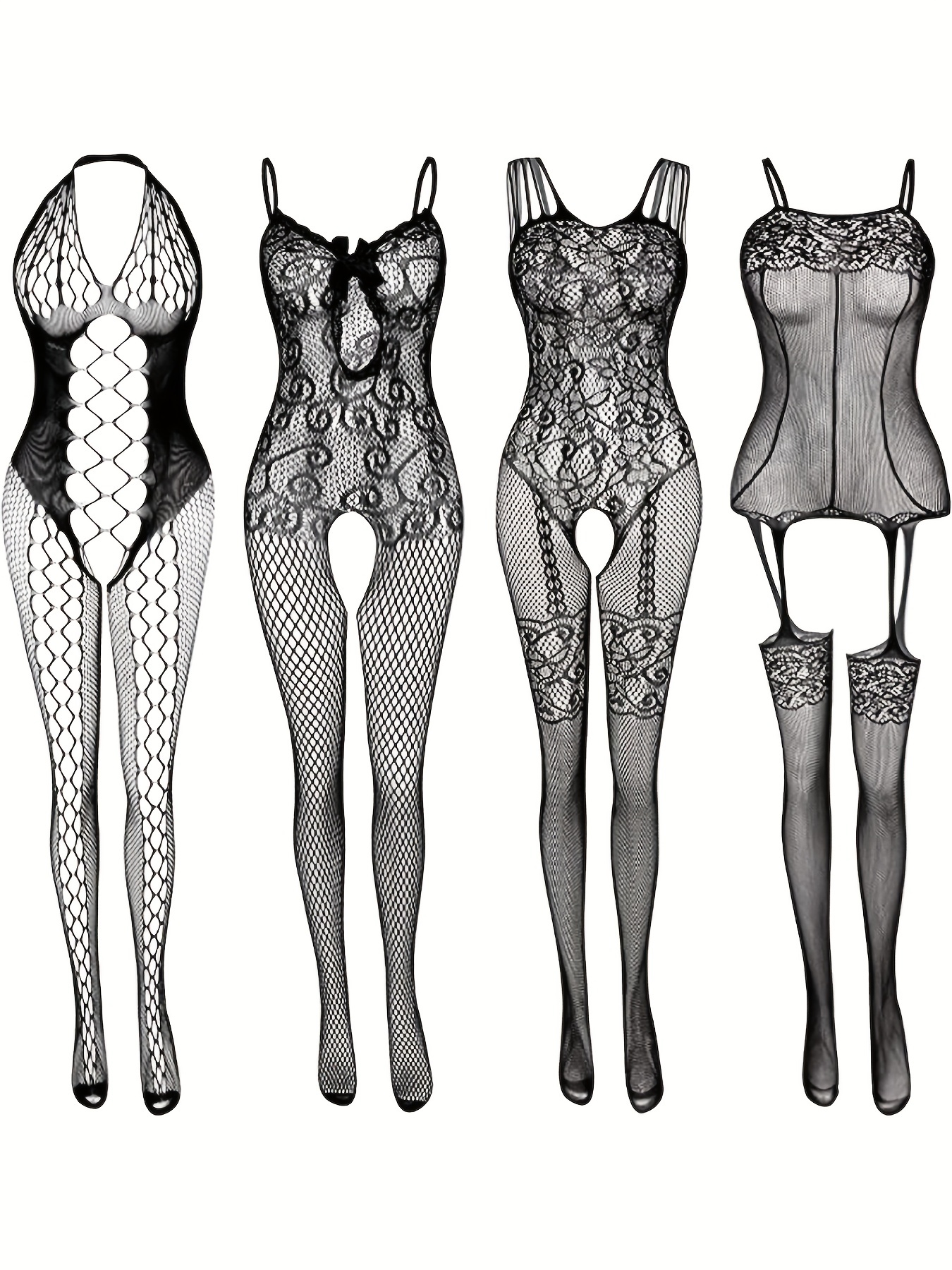4 sets Sexy Fishnet Bodystocking with Open Crotch and Jacquard Design - Women's Lingerie and Underwear - Image 3