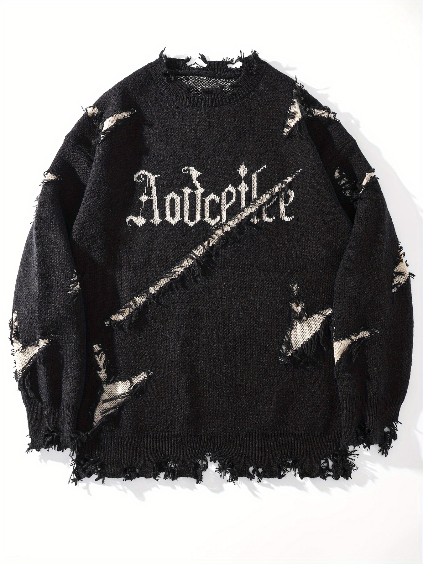 Men's Autumn Winter Long Sleeve Pullover Sweater - Relaxed Fit Drop Shoulder, Distressed Letter Embroidery & Ripped Details, Medium Elasticity Fabric - Image 3