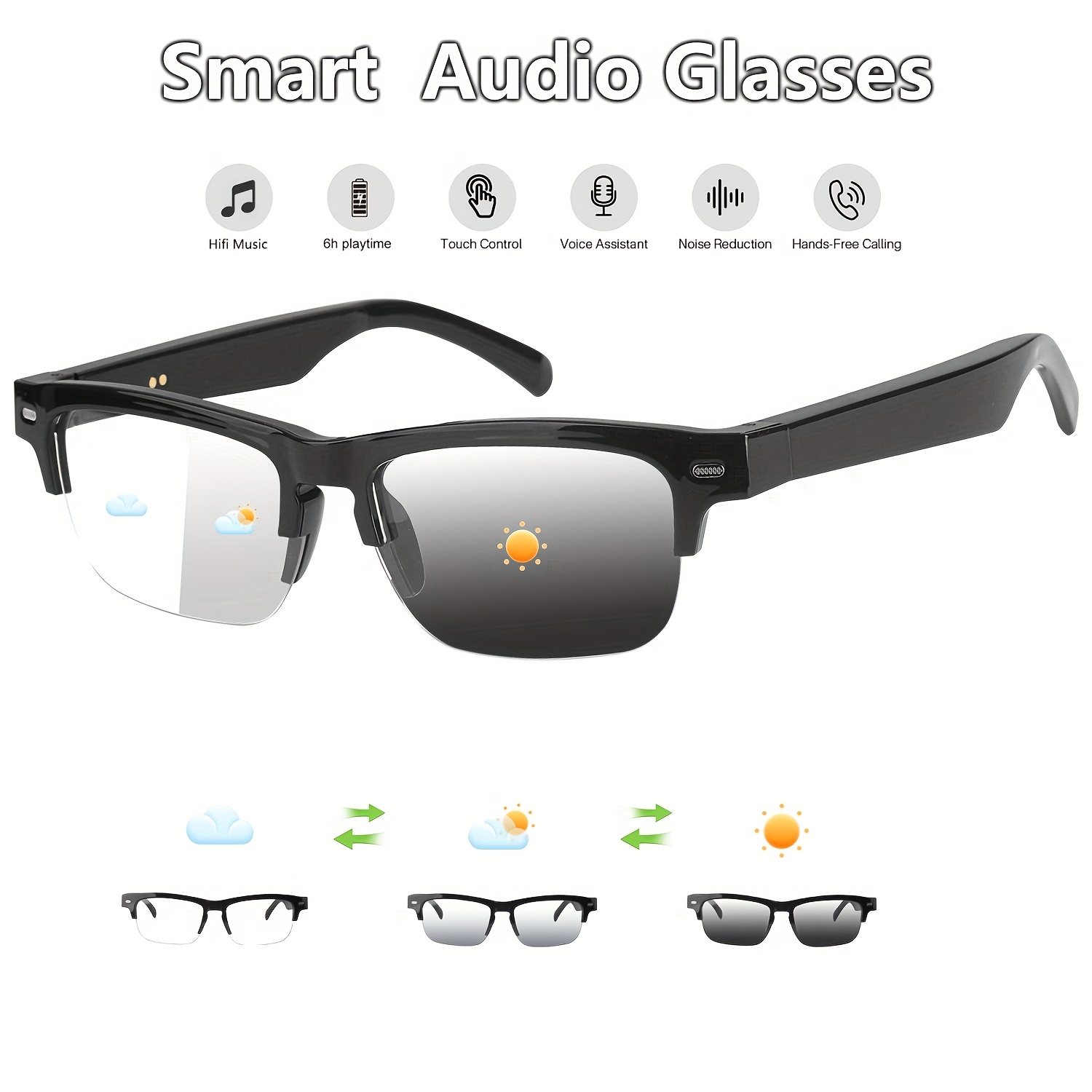 Smart Audio Glasses, New Smart Glasses with Automatic Dimming Lenses, Built-in Microphone and Speaker, High-Definition Voice Calling and Hifi Music Quality, Automatically Turning Into Fashion Glasses in Sunlight, Suitable for Sports, Driving, Fishing - Image 3