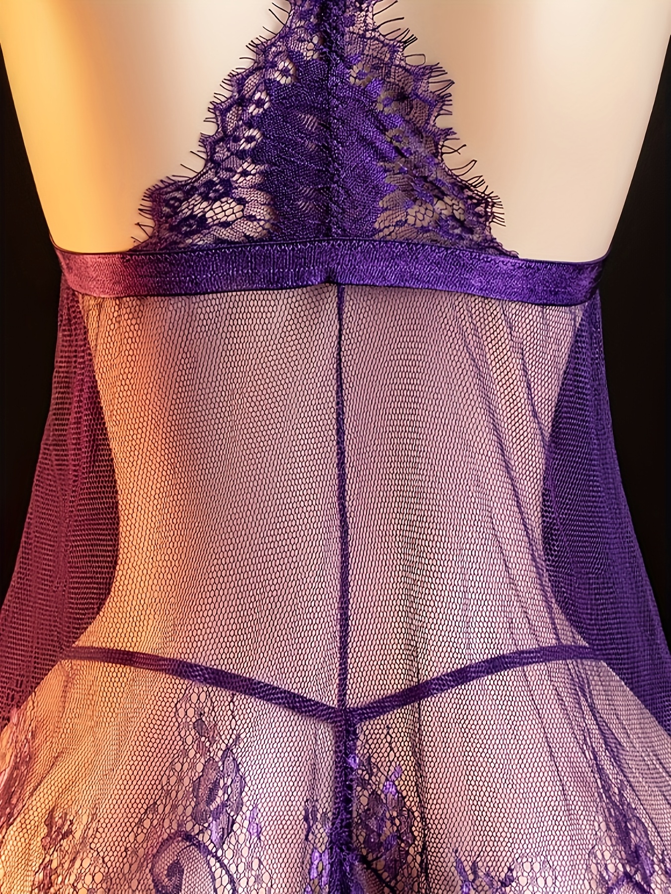 Women's Sexy Lace Camisole & Thong Lingerie Set - Sheer Short Skirt Panty Two-Piece with Bow Tie Closure, Breathable Purple & Black Lace Underwear, Hand Wash Only (No Dry Clean) - Pajamas & Intimate Apparel - Image 5