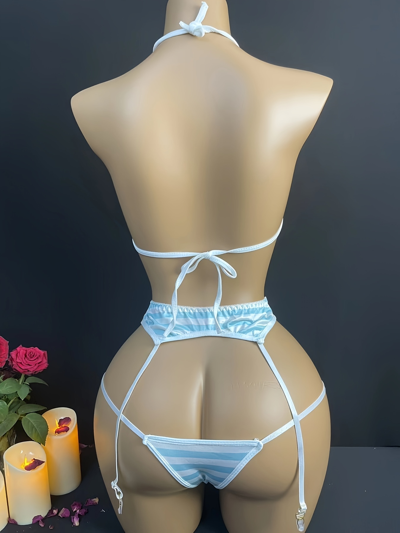 Women's Striped Beach Bikini Lingerie Set with Garter Straps - Ultra- Intimate Three-Piece Swimsuit - Image 6