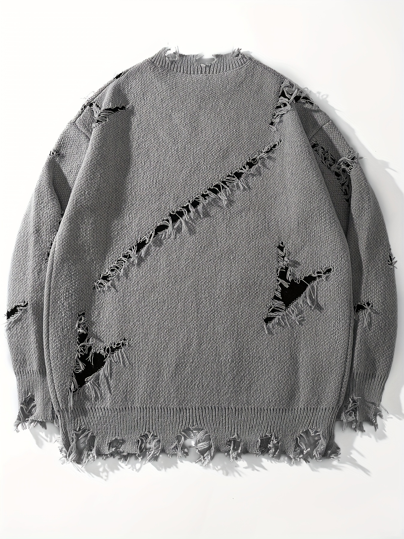 Men's Autumn Winter Long Sleeve Pullover Sweater - Relaxed Fit Drop Shoulder, Distressed Letter Embroidery & Ripped Details, Medium Elasticity Fabric - Image 5