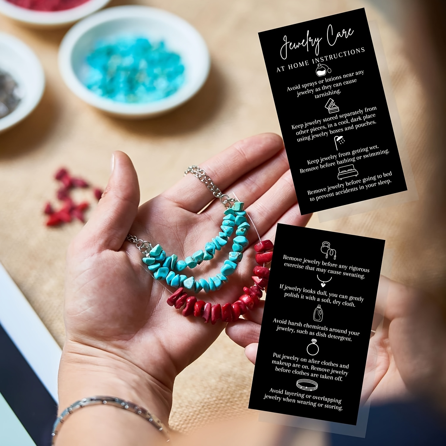 50pcs, Jewelry Care Instruction Cards, Jewelry Care | Jewelry Consultant Supplies | Black and White Design Cards
