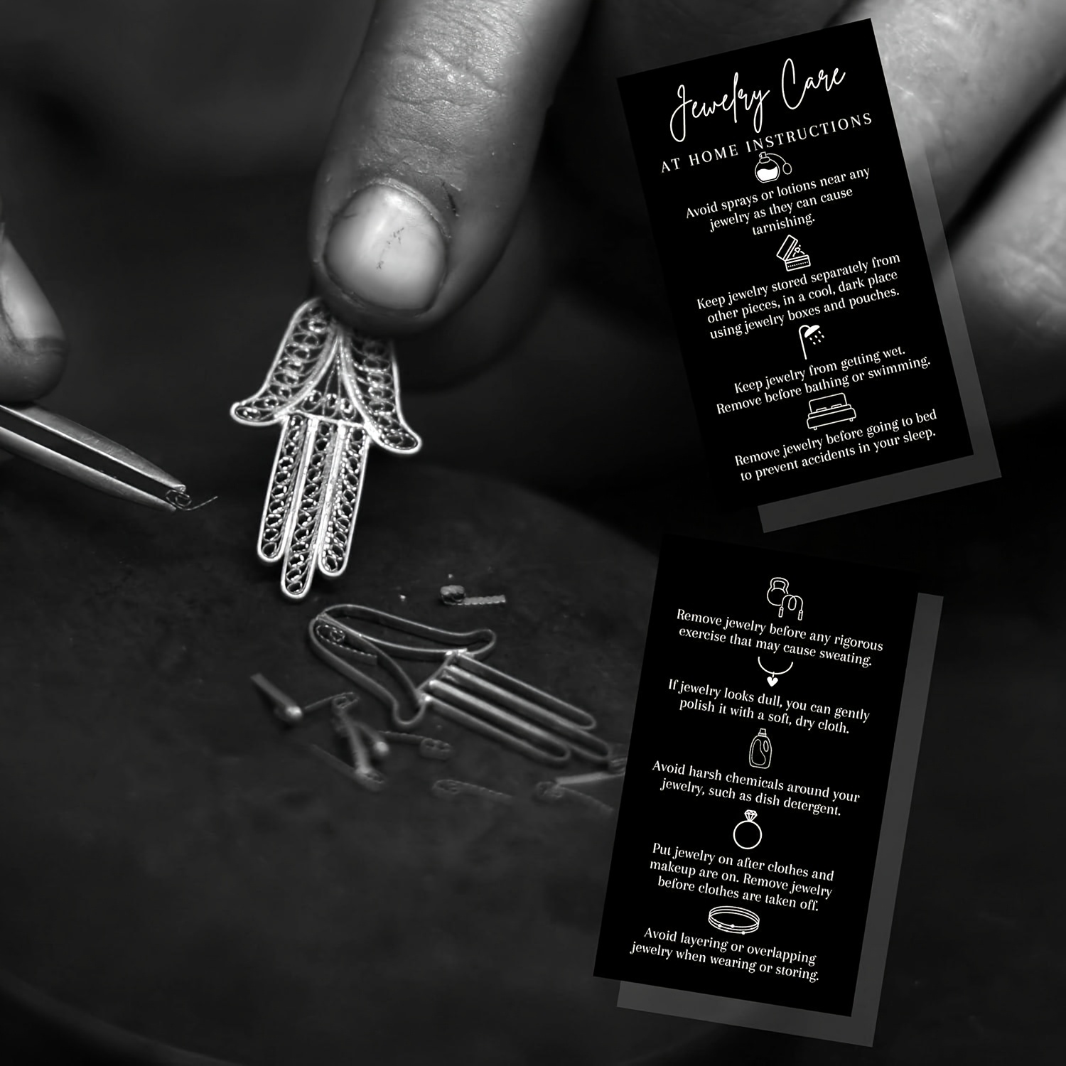 50pcs, Jewelry Care Instruction Cards, Jewelry Care | Jewelry Consultant Supplies | Black and White Design Cards - Image 7