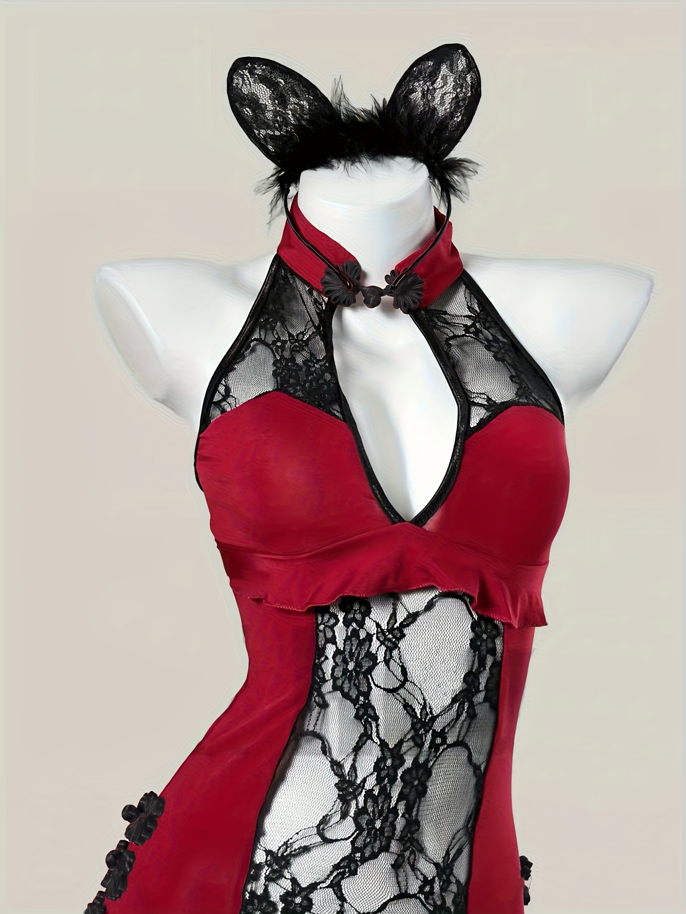 Elegant Deep V-Neck Hollow-Out Sexy Lingerie Nightgown | Jacquard Pattern with Contrast Lace Details, Suitable for Adults - Image 2