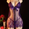 Women's Sexy Lace Camisole & Thong Lingerie Set - Sheer Short Skirt Panty Two-Piece with Bow Tie Closure, Breathable Purple & Black Lace Underwear, Hand Wash Only (No Dry Clean) - Pajamas & Intimate Apparel