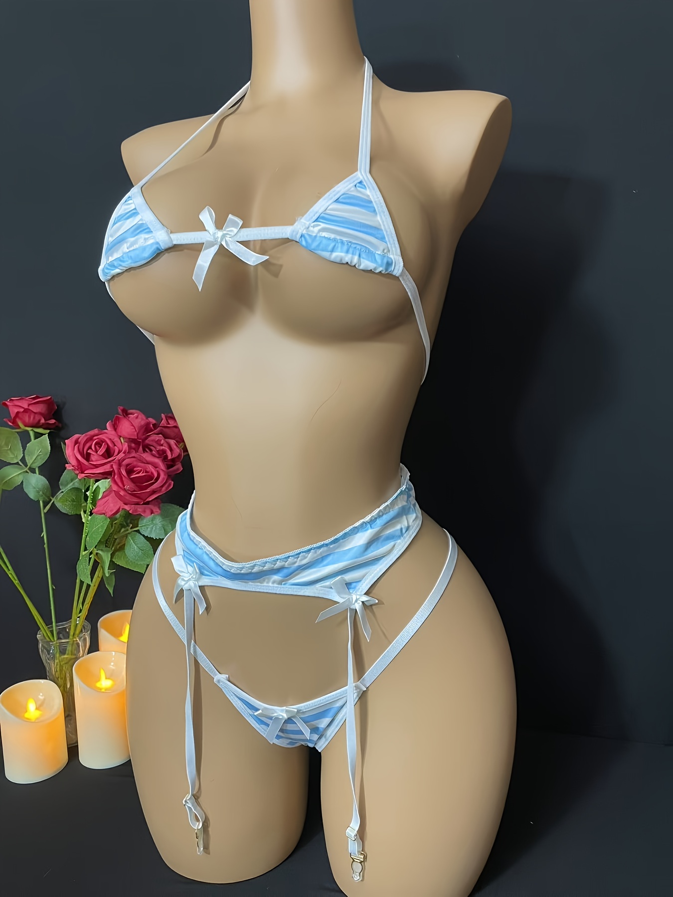 Women's Striped Beach Bikini Lingerie Set with Garter Straps - Ultra- Intimate Three-Piece Swimsuit - Image 8