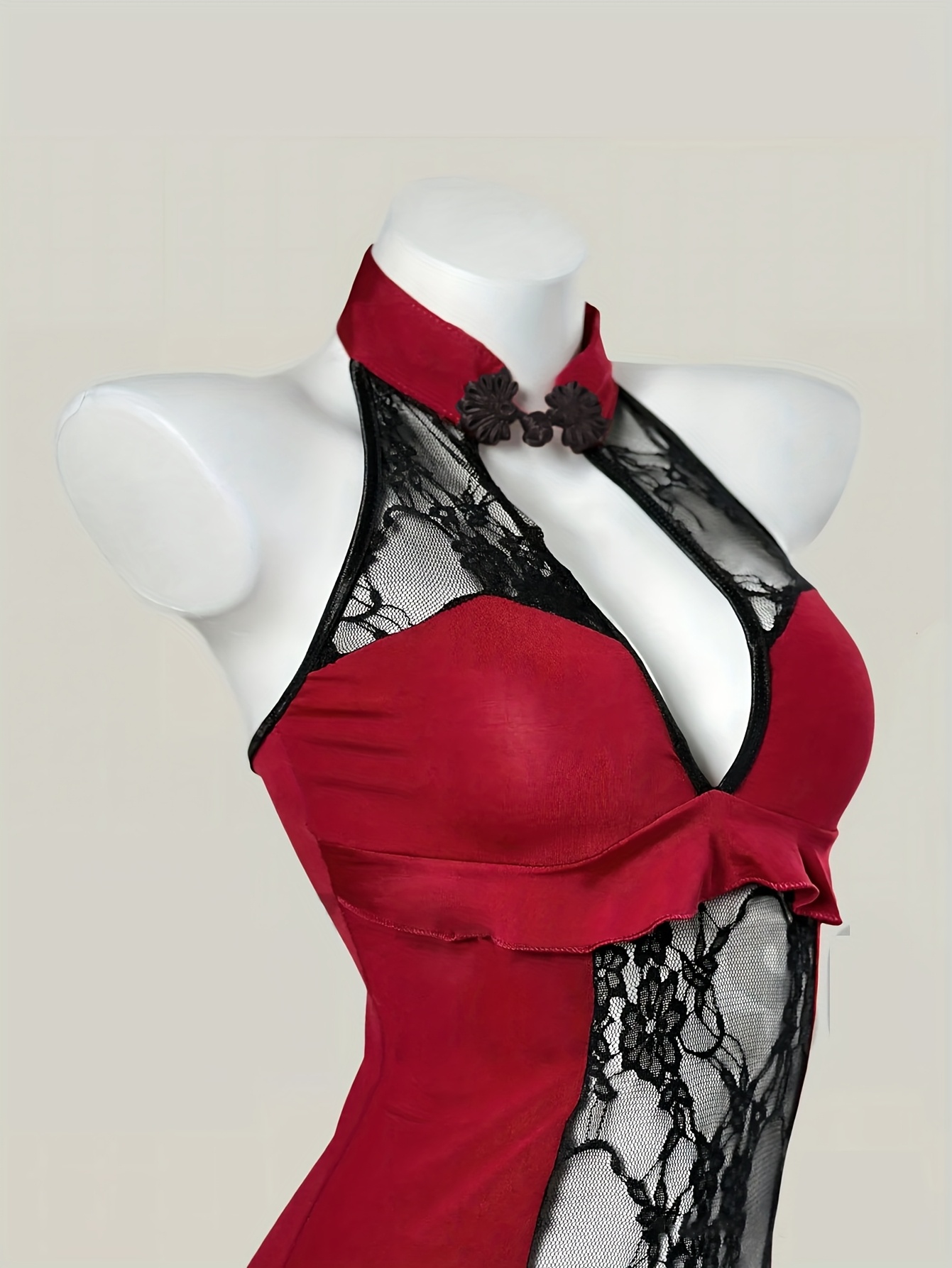 Elegant Deep V-Neck Hollow-Out Sexy Lingerie Nightgown | Jacquard Pattern with Contrast Lace Details, Suitable for Adults - Image 3