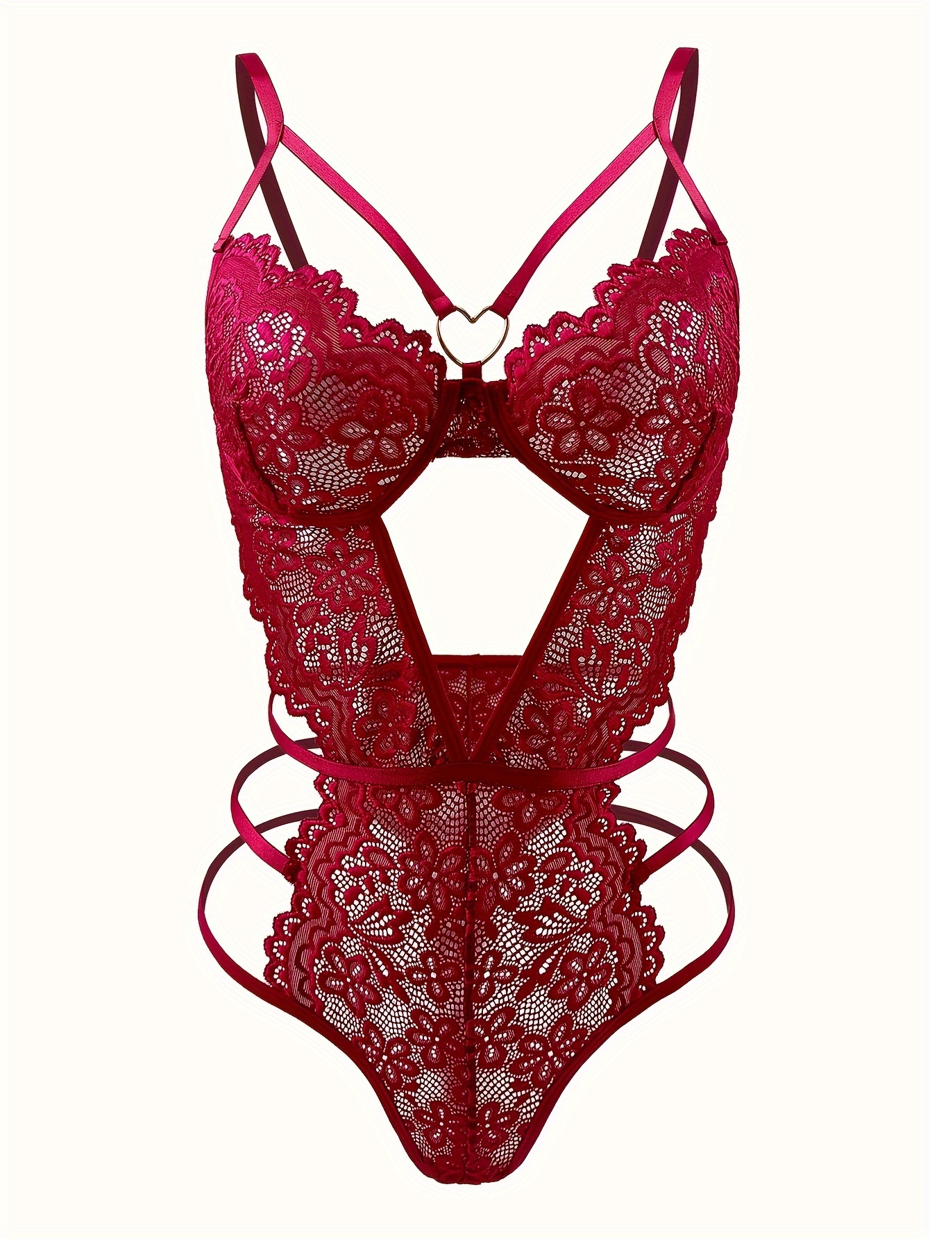 Hot Floral Lace Teddy, Cut Out Heart Linked Backless Bodysuit, Women's Sexy Lingerie & Underwear - Image 2