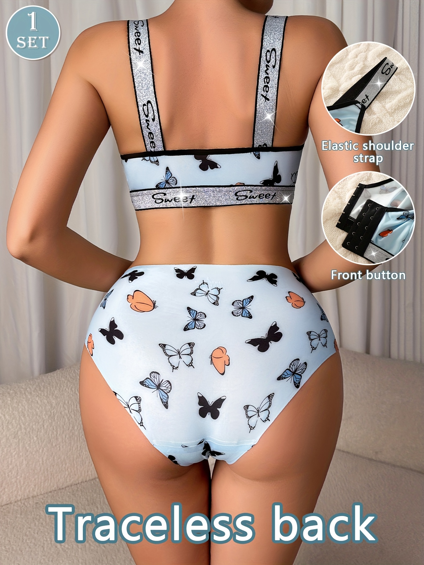 A Set of Butterfly Print Front-Button Women'S Lingerie, Featuring Wide Straps, a Wireless Bra, And Seamless Panties, Soft And Comfortable, Perfect for Everyday Wear in Autumn And Winter. - Image 3