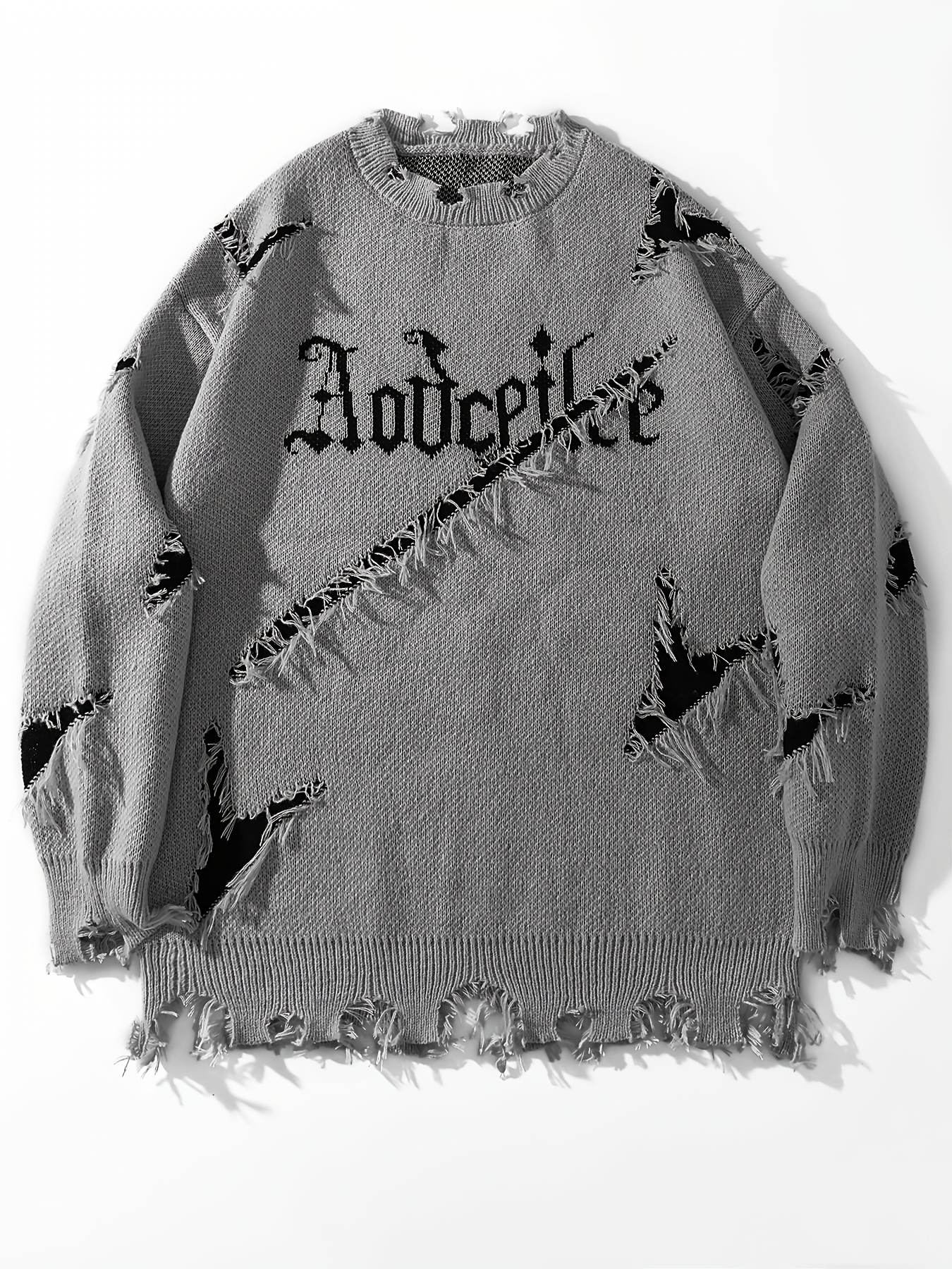 Men's Autumn Winter Long Sleeve Pullover Sweater - Relaxed Fit Drop Shoulder, Distressed Letter Embroidery & Ripped Details, Medium Elasticity Fabric - Image 2