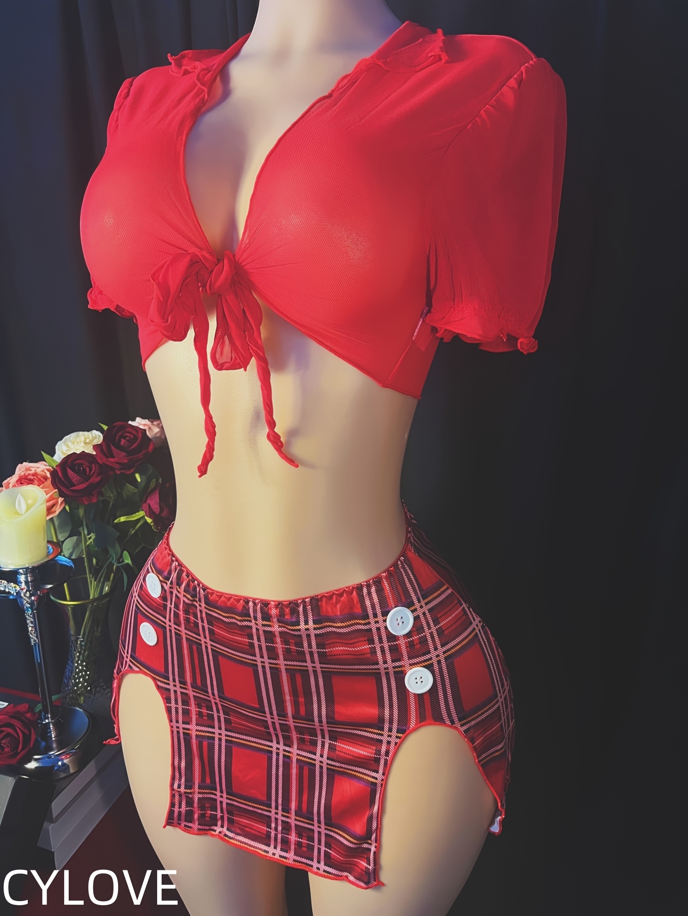 Holiday Gift Erotic Lingerie Set, Maid Style V-Neck Tie-Up Top + Plaid Skirt, Exclusive for Valentine's Day and Christmas