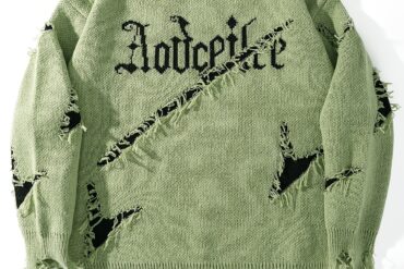 Men's Autumn Winter Long Sleeve Pullover Sweater - Relaxed Fit Drop Shoulder, Distressed Letter Embroidery & Ripped Details, Medium Elasticity Fabric