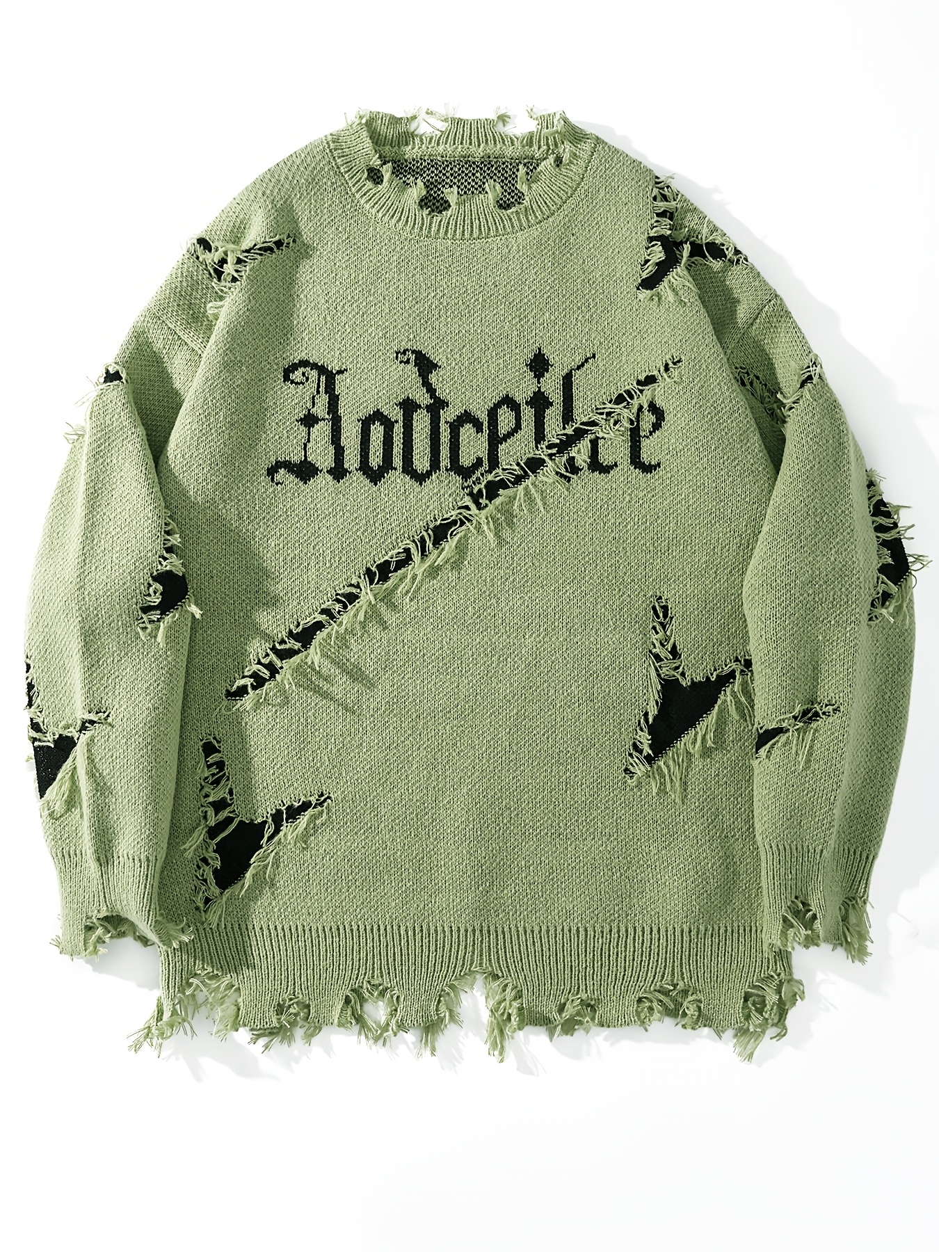 Men's Autumn Winter Long Sleeve Pullover Sweater - Relaxed Fit Drop Shoulder, Distressed Letter Embroidery & Ripped Details, Medium Elasticity Fabric