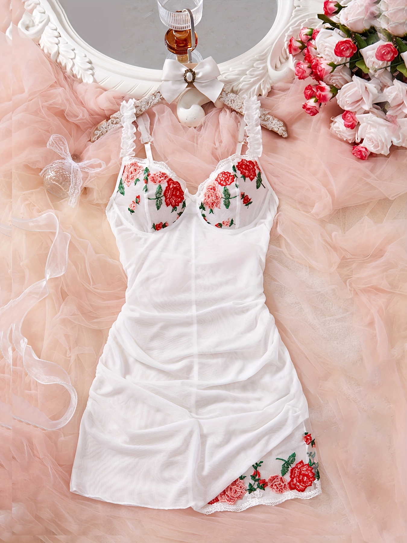 Ladies Embroidered Home Wear Strapless Slip Dress | Includes Thong, V-neck, All-season Comfort - Image 5