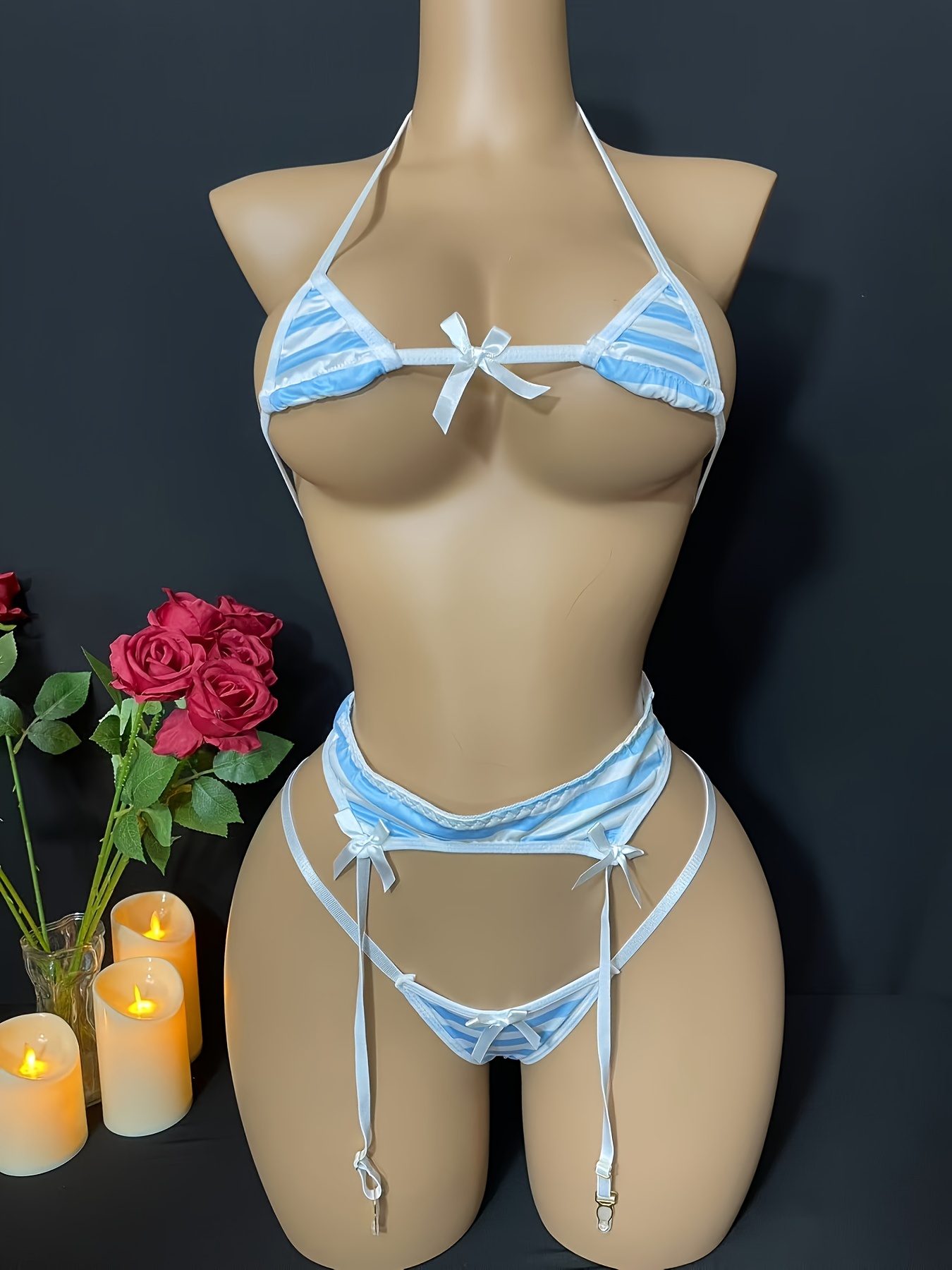 Women's Striped Beach Bikini Lingerie Set with Garter Straps - Ultra- Intimate Three-Piece Swimsuit - Image 2
