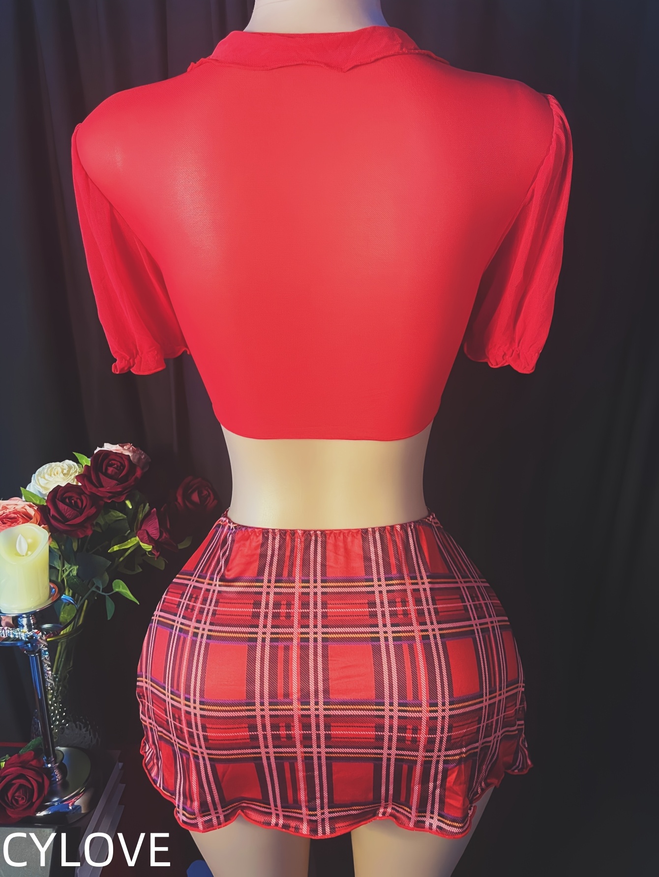 Holiday Gift Erotic Lingerie Set, Maid Style V-Neck Tie-Up Top + Plaid Skirt, Exclusive for Valentine's Day and Christmas - Image 4