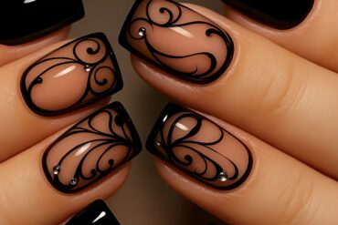 Black Press-On Nails Short Square False Nails Black Vine Acrylic Nails Full Cover Glossy Nails Press-On Short Nails Autumn Winter False Nails for Women - 24pcs