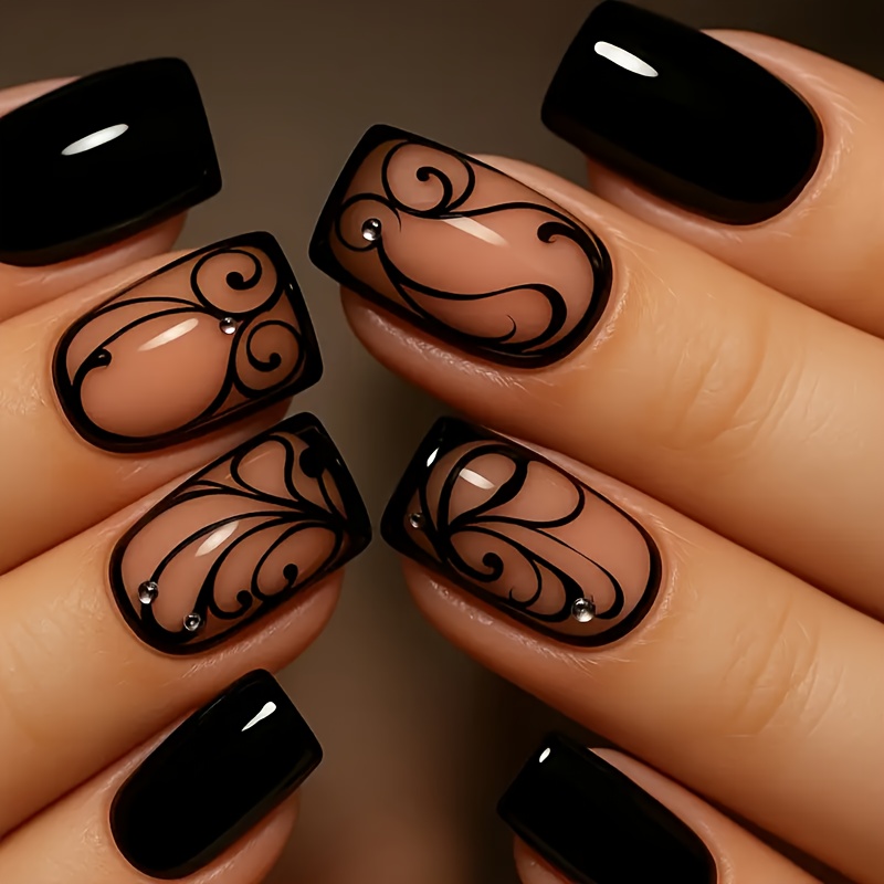 Black Press-On Nails Short Square False Nails Black Vine Acrylic Nails Full Cover Glossy Nails Press-On Short Nails Autumn Winter False Nails for Women - 24pcs