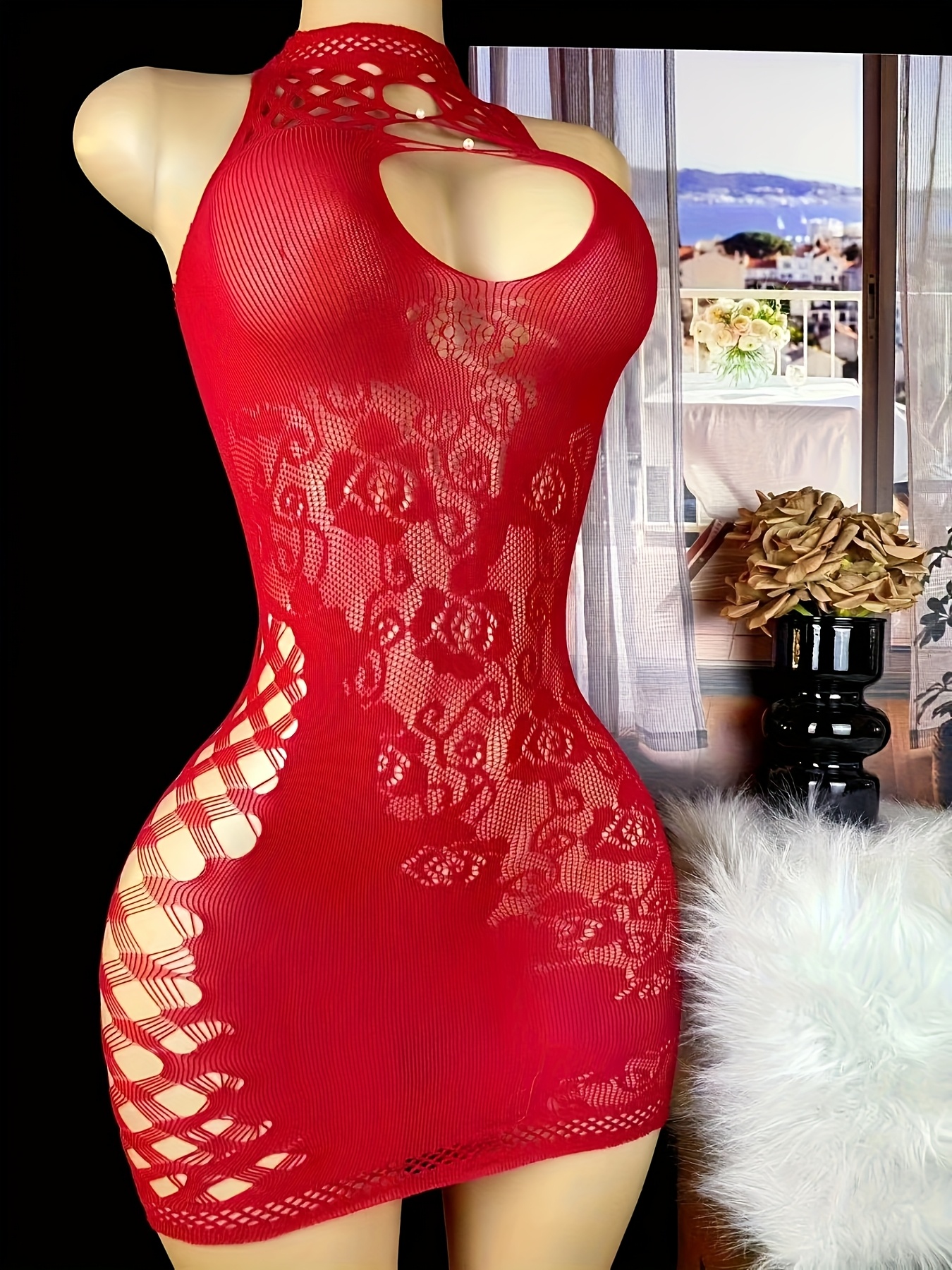 Women's Sheer Fishnet Halter Babydoll Dress - Lingerie Chemise Mini Teddy Suitable for Performance & Themed Parties | Nightwear Outfit - Image 2