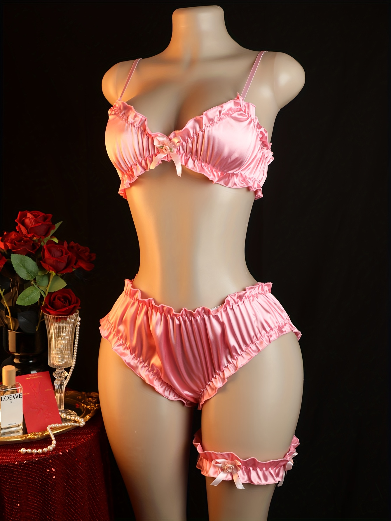 Women'S 3pcs Sexy Lingerie Set - Deep V Adjustable Strap Ruffled Lace Bra with Front Bow, Matching Thong & Leg Rings - Soft Pastel Pink Sheer Underwear for Sensual Comfort & Elegant Style - Adult Women'S Intimate Apparel, Sexy Lingerie for Women, Lingerie for Women Crotchless, Underwear for Women, Sexy Bodysuits, Sexy Costume for Women, Sexy Lingerie Women Set, Sexy Lingerie Set, Sexy Set, Lingerie For Women Seductive Nasty, Crotchless Lingerie For Women, Sexy Outfit For Women