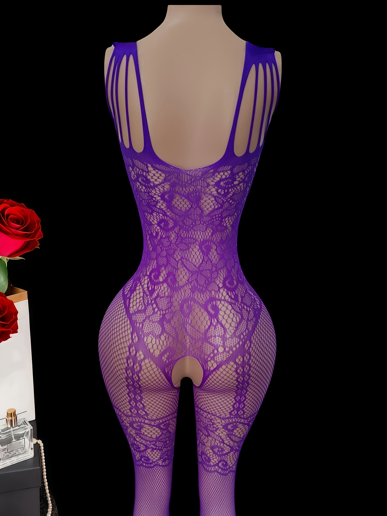 3pcs Women's Lingerie Set: Bodysuit, Stockings, and Garter Belt with Sexy Jacquard Design, Breast and Hip Cut-Outs, Purple Seductive Uniform, Suitable for XS/S/M Sizes - Image 3