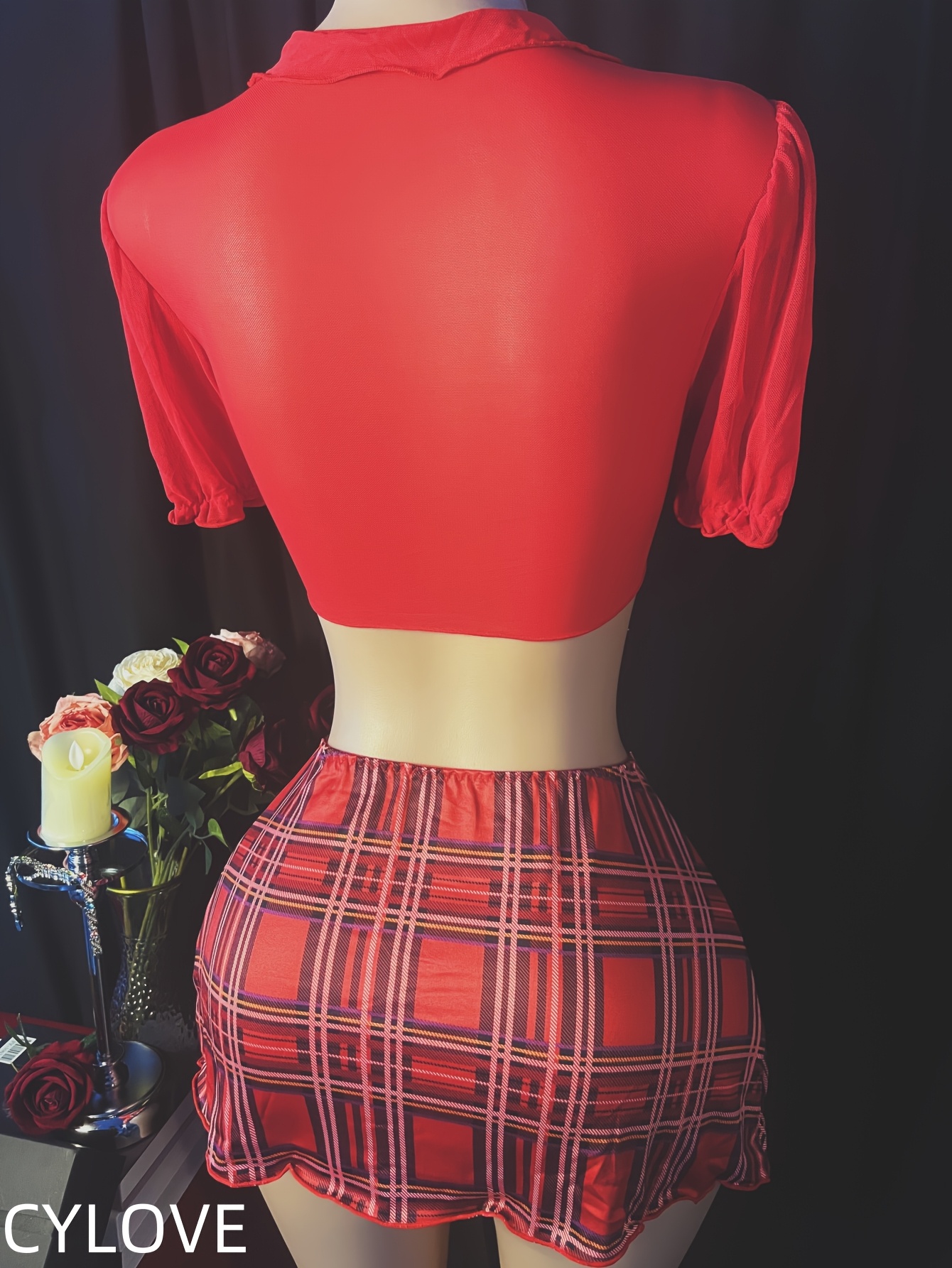 Holiday Gift Erotic Lingerie Set, Maid Style V-Neck Tie-Up Top + Plaid Skirt, Exclusive for Valentine's Day and Christmas - Image 8