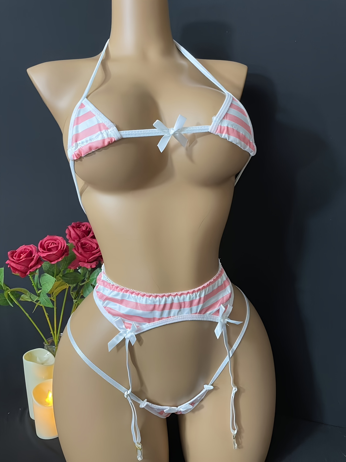 Women's Striped Beach Bikini Lingerie Set with Garter Straps - Ultra- Intimate Three-Piece Swimsuit - Image 7
