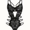 Hot Floral Lace Teddy, Cut Out Heart Linked Backless Bodysuit, Women's Sexy Lingerie & Underwear