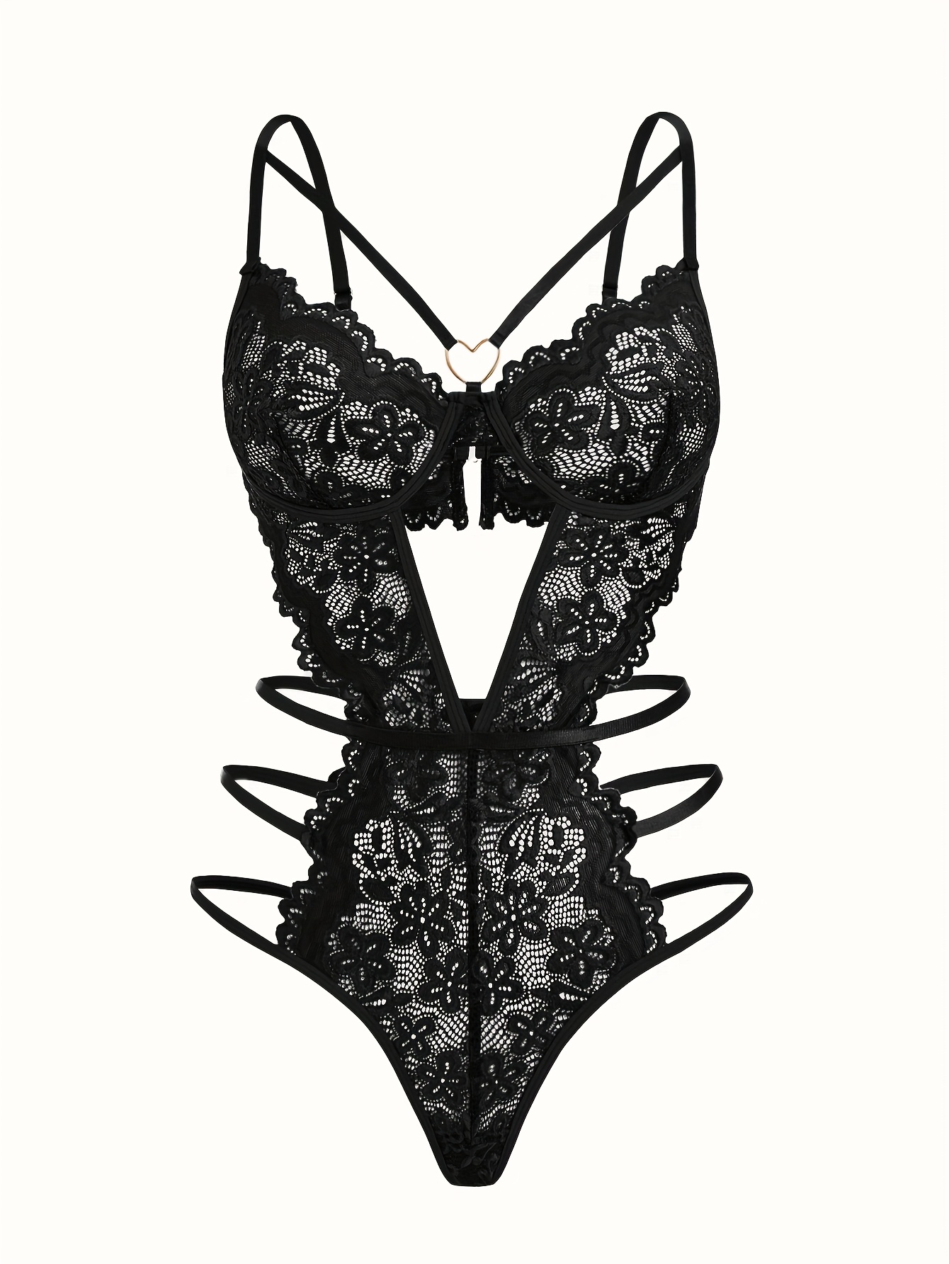 Hot Floral Lace Teddy, Cut Out Heart Linked Backless Bodysuit, Women's Sexy Lingerie & Underwear
