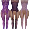 3pcs Women's Lingerie Set: Bodysuit, Stockings, and Garter Belt with Sexy Jacquard Design, Breast and Hip Cut-Outs, Purple Seductive Uniform, Suitable for XS/S/M Sizes