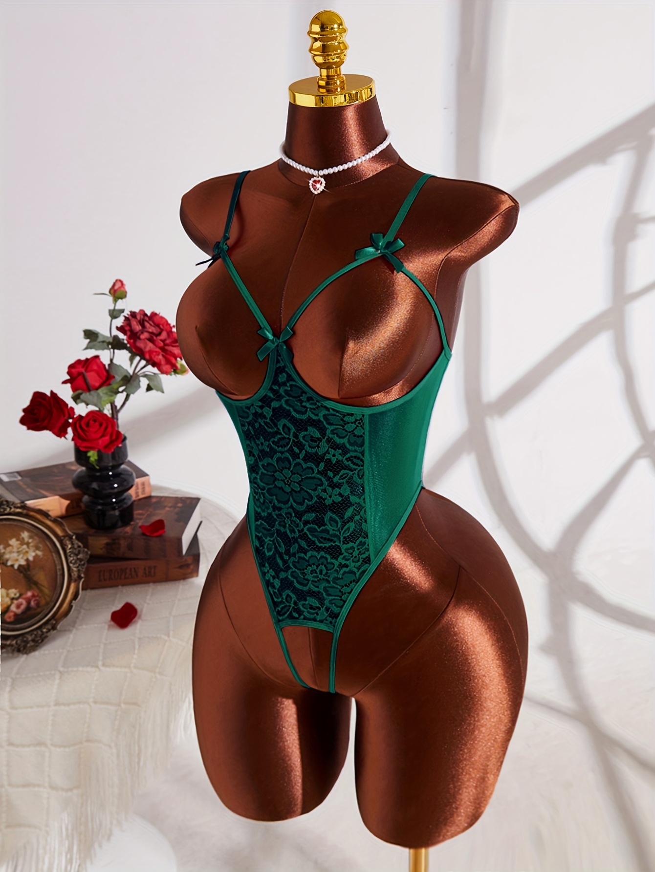 Romantic Solid Color Lace Sexy Fitted Bodysuit, Bow Crotchless breast-exposing seductive bodysuit, Women's Charming Lingerie