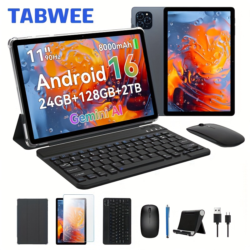 TABWEE T90 Android 16 New 2025 Tablet, 11-inch FHD Large Screen+1200x1920 IPS Display, Octa-Core High-Performance CPU, 24(8+16)GB RAM +128GB ROM(2TB Expand), 3MP+5MP Camaras/Face ID, 8000mAh Long Battery Life, Support Widevine L1, Synthetic