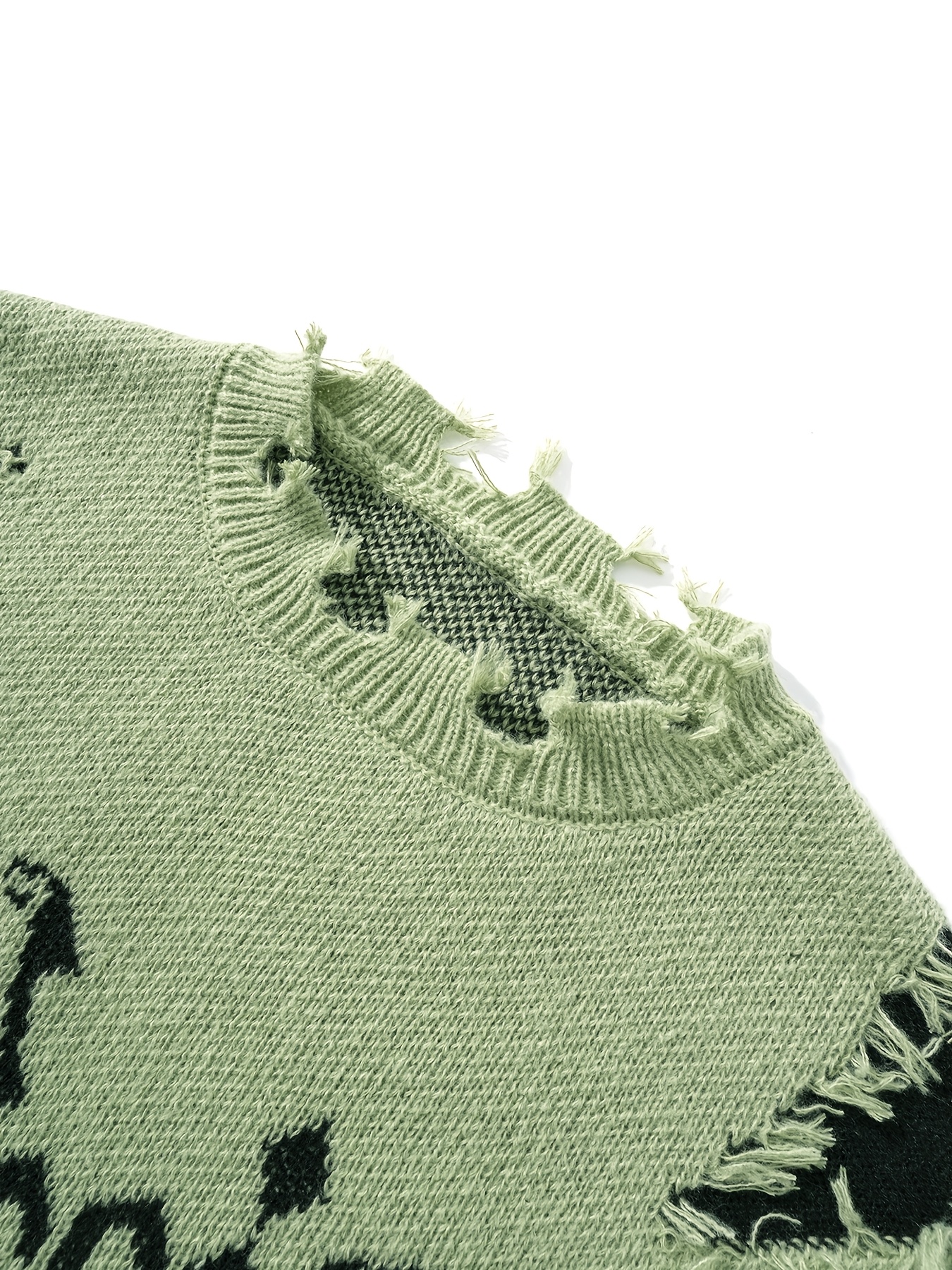 Men's Autumn Winter Long Sleeve Pullover Sweater - Relaxed Fit Drop Shoulder, Distressed Letter Embroidery & Ripped Details, Medium Elasticity Fabric - Image 10