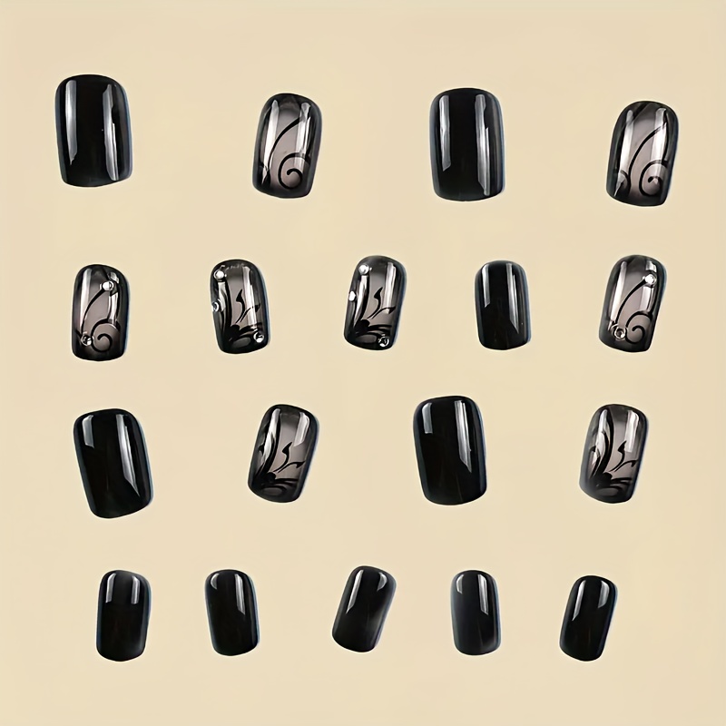 Black Press-On Nails Short Square False Nails Black Vine Acrylic Nails Full Cover Glossy Nails Press-On Short Nails Autumn Winter False Nails for Women - 24pcs - Image 2