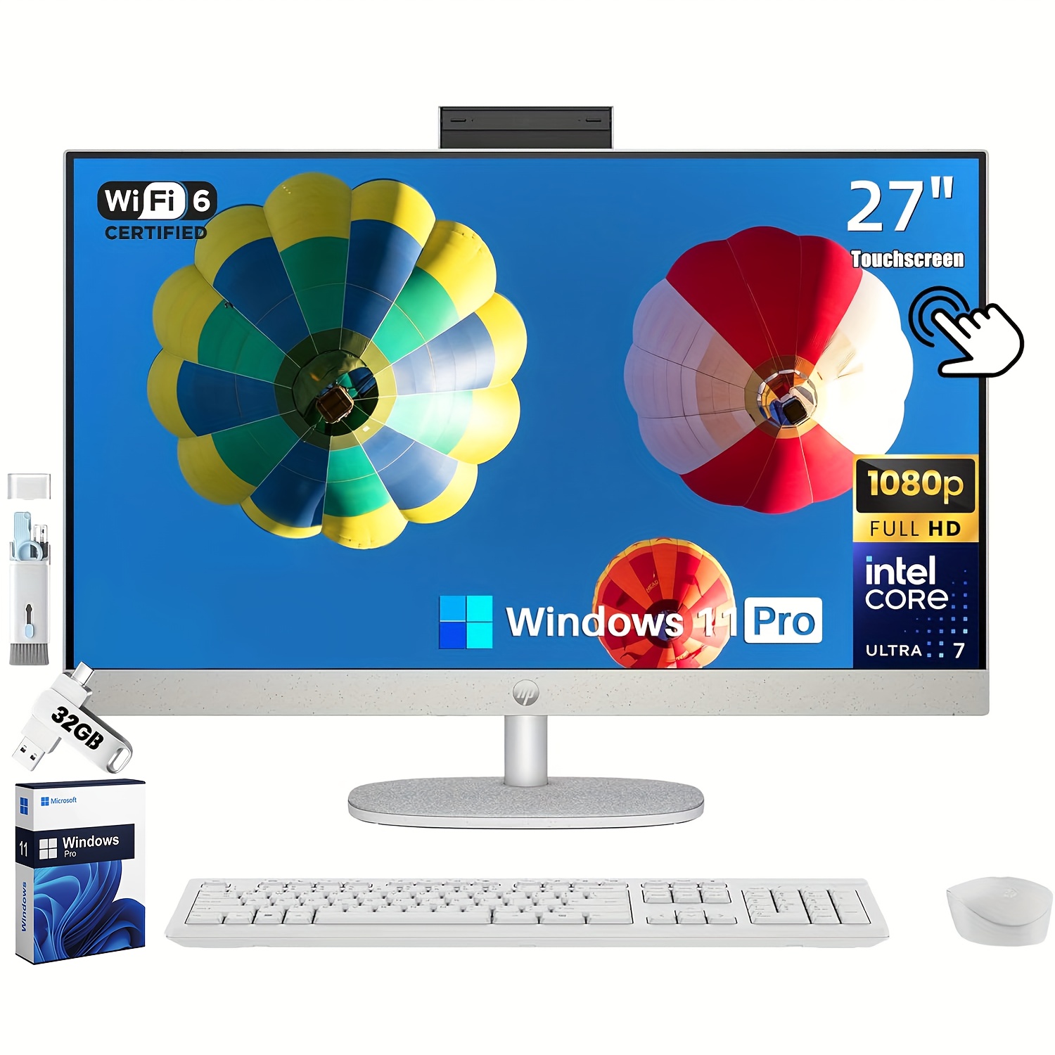 HP 27 All-in-One Desktop PC, 27" FHD Touchscreen, Intel Ultra 7-155U(12-core), 64 GB DDR5, 2 TB SSD, Adjustable Angle, WiFi 6, Win 11 Pro, with Bonus Accessories