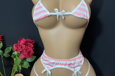 Women's Striped Beach Bikini Lingerie Set with Garter Straps - Ultra- Intimate Three-Piece Swimsuit