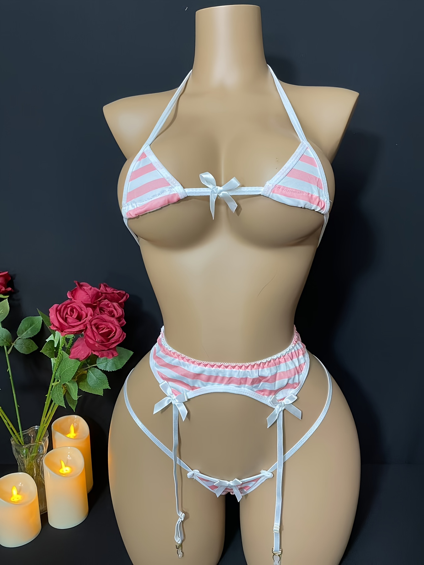 Women's Striped Beach Bikini Lingerie Set with Garter Straps - Ultra- Intimate Three-Piece Swimsuit