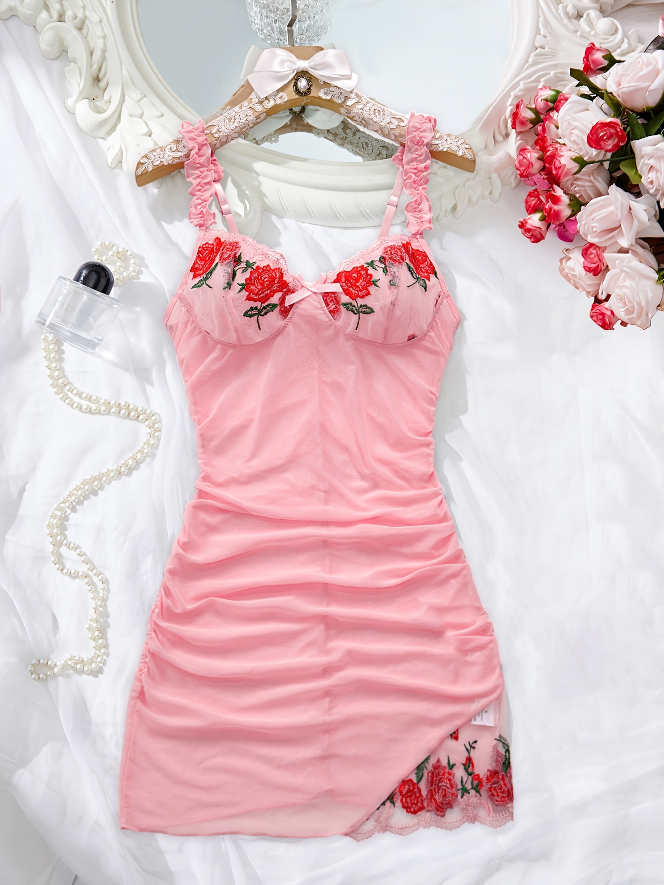 Ladies Embroidered Home Wear Strapless Slip Dress | Includes Thong, V-neck, All-season Comfort - Image 3