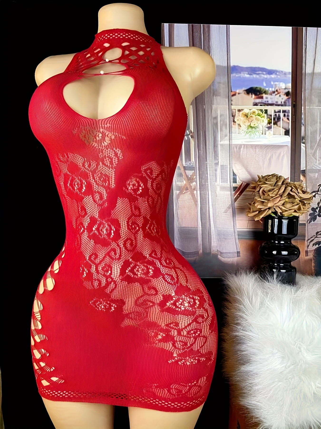 Women's Sheer Fishnet Halter Babydoll Dress - Lingerie Chemise Mini Teddy Suitable for Performance & Themed Parties | Nightwear Outfit - Image 3