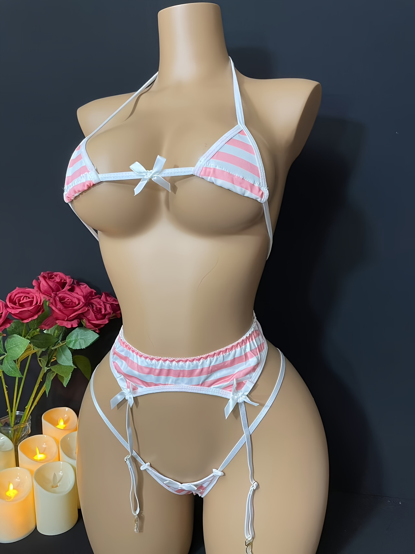 Women's Striped Beach Bikini Lingerie Set with Garter Straps - Ultra- Intimate Three-Piece Swimsuit - Image 10