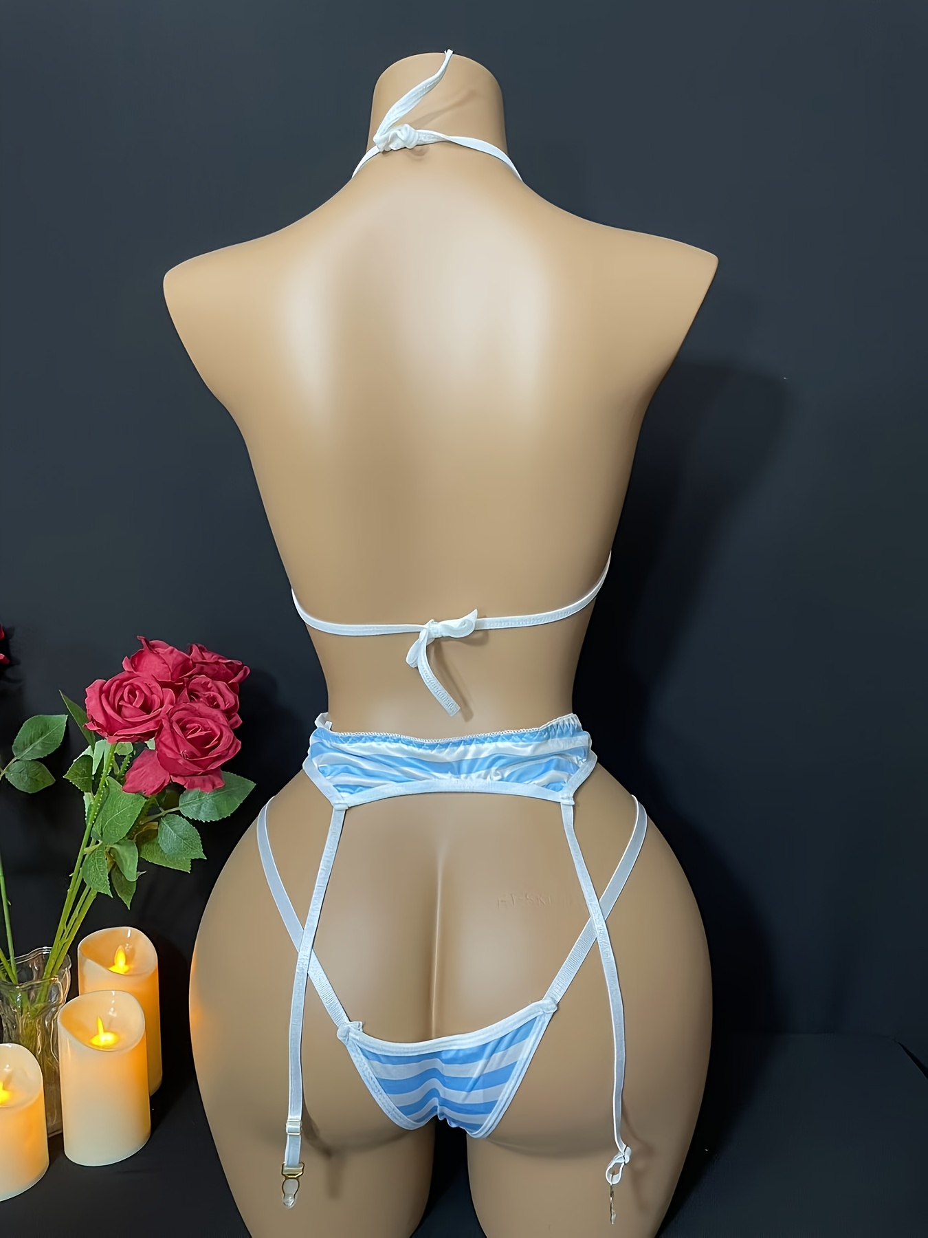 Women's Striped Beach Bikini Lingerie Set with Garter Straps - Ultra- Intimate Three-Piece Swimsuit - Image 5