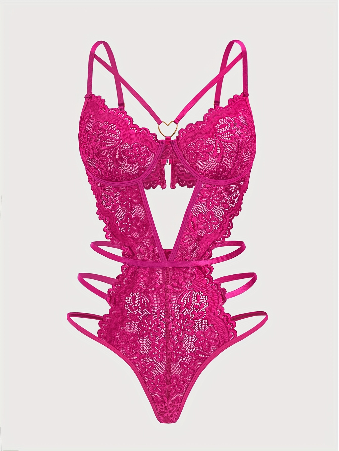 Hot Floral Lace Teddy, Cut Out Heart Linked Backless Bodysuit, Women's Sexy Lingerie & Underwear - Image 4