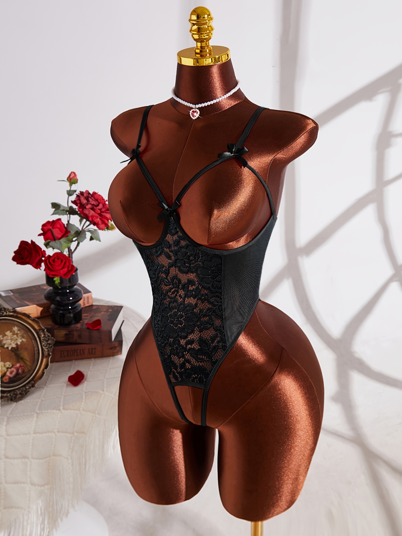 Romantic Solid Color Lace Sexy Fitted Bodysuit, Bow Crotchless breast-exposing seductive bodysuit, Women's Charming Lingerie - Image 3